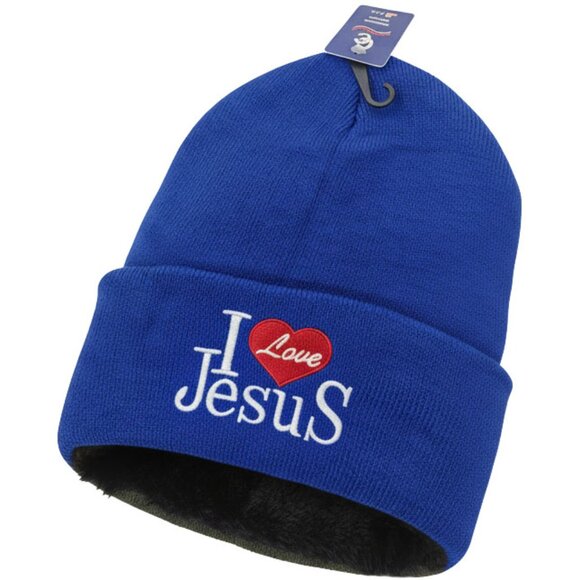 I Love Jesus Winter Hat Embroidered Skull Beanie Cap – Warm Lined, Blue, NWT - Picture 1 of 2